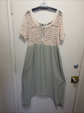 Bohemian Crochet-Top Maxi Dress in Cream and Sage Green